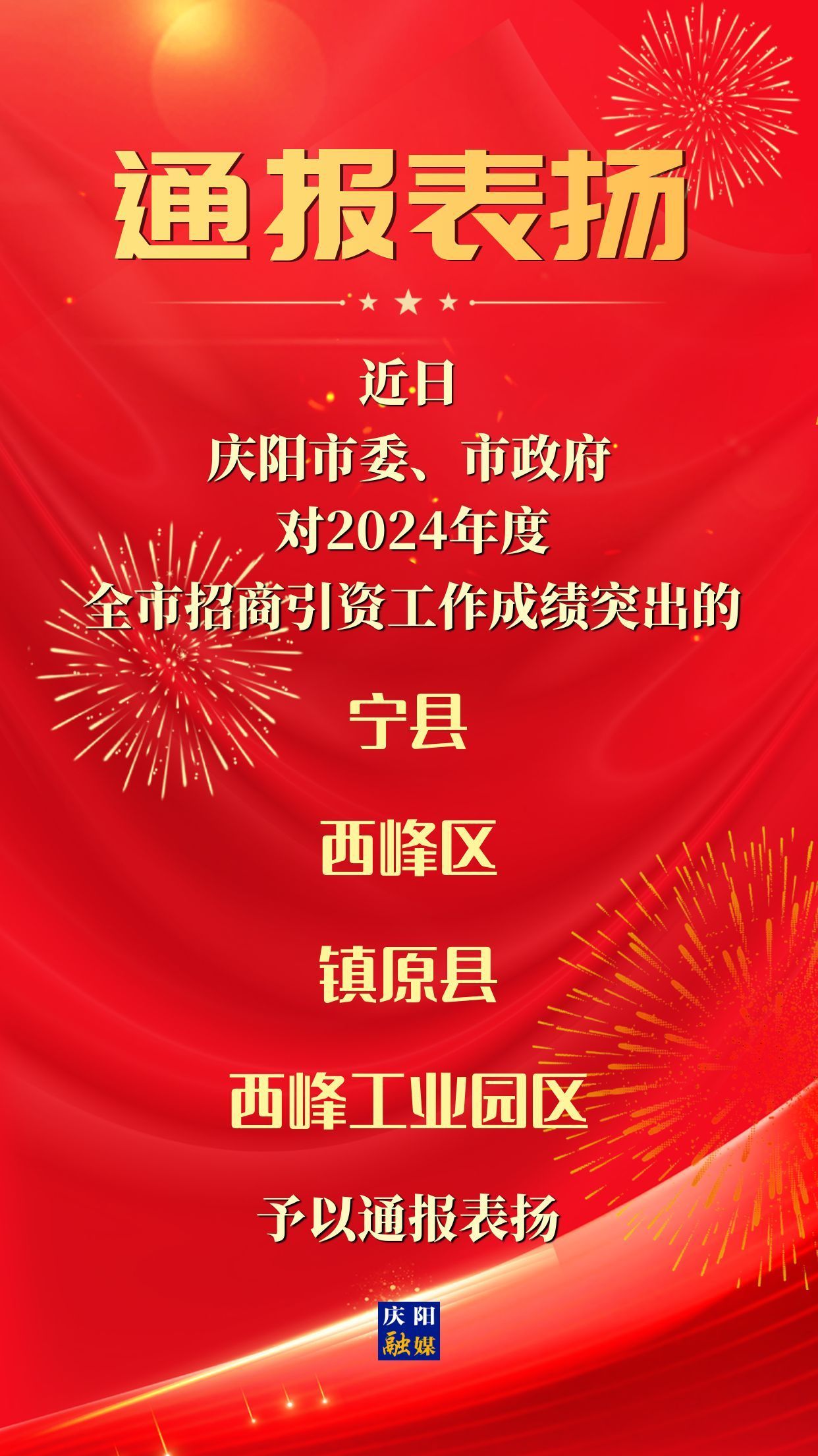 【海報(bào)】慶陽市通報(bào)表揚(yáng)2024年度全市招商引資工作成績(jī)突出單位